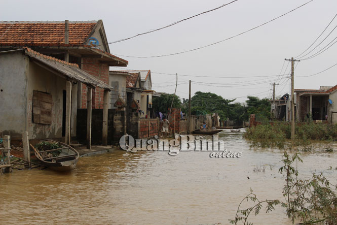 Tất cả các tuyến đường làng ở thôn Vinh Quang, xã Sơn Thủy vẫn ngập sâu trong nước lũ.