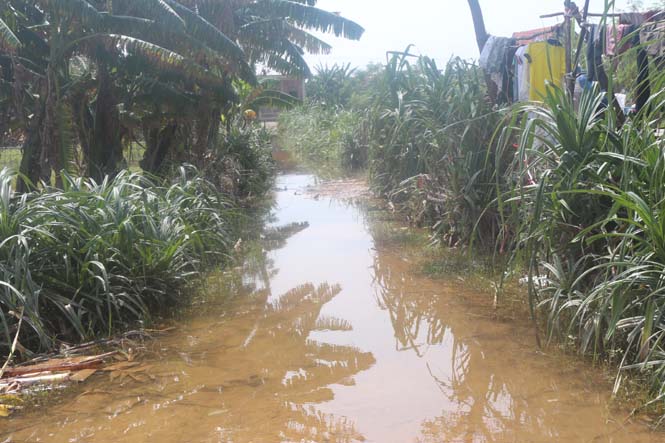 5 ngày sau lũ rút, nhiều đoạn đường nội thôn Nam Sơn, xã Phú Trạch vẫn chưa rút hết nước.