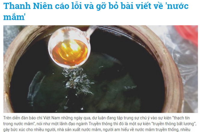 Bản tin Thanh Niên cáo lỗi và gỡ bỏ bài viết về 'nước mắm' trên trang chủ báo Thanh Niên Online - Ảnh chụp màn hình