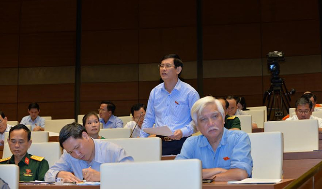 Đồng chí Nguyễn Ngọc Phương, Tỉnh ủy viên, Phó trưởng Đoàn ĐBQH tỉnh phát biểu trong phiên thảo luận về dự thảo Luật tín ngưỡng, tôn giáo.