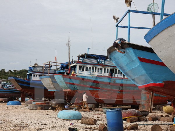 Ngư dân huyện đảo Phú Quí tu sửa tàu thuyền chuẩn bị đánh bắt vụ cá mới. (Ảnh:Trọng Đức/TTXVN)