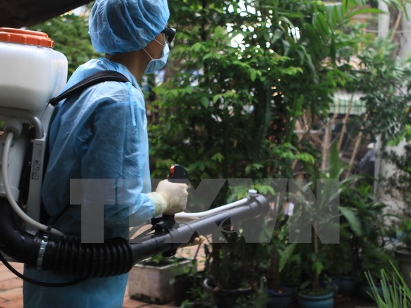 Nhân viên y tế dự phòng địa phương phun thuốc diệt muỗi tại quận 9, Thành phố Hồ Chí Minh. (Ảnh: Phương Vy/TTXVN)