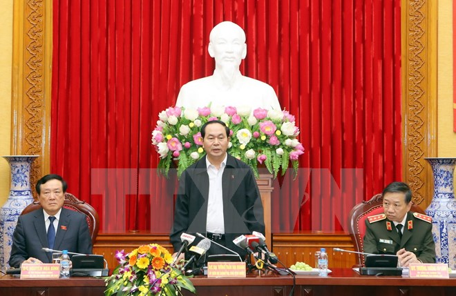 Chủ tịch nước Trần Đại Quang phát biểu tại buổi làm việc. (Ảnh: Nhan Sáng/TTXVN)