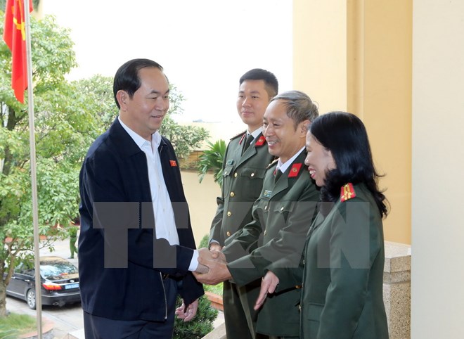 Chủ tịch nước Trần Đại Quang với các đại biểu tại buổi làm việc. (Ảnh: Nhan Sáng/TTXVN)