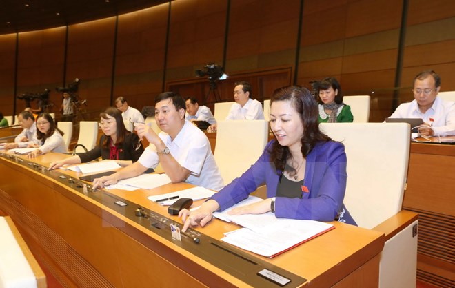 Đại biểu Quốc hội tỉnh Bắc Giang biểu quyết thông qua Luật tín ngưỡng, tôn giáo. (Ảnh: Phương Hoa/TTXVN)