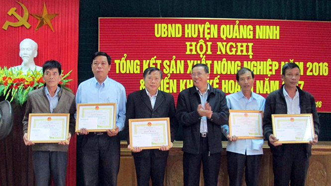 Đồng chí Nguyễn Viết Ánh, Chủ tich UBND huyện khen tặng những tập thể đạt thành tích xuất sắc trong sản xuất nông nghiệp năm 2016.