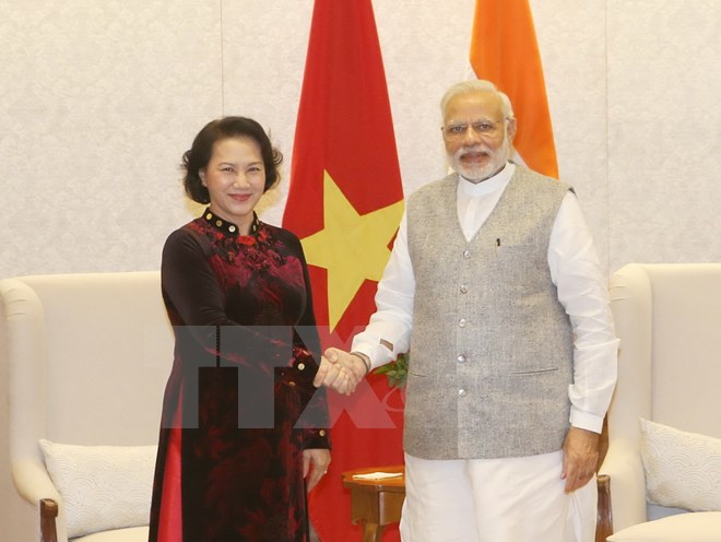 Chủ tịch Quốc hội Nguyễn Thị Kim Ngân hội kiến với Thủ tướng Ấn Độ Narendra Modi. (Ảnh: Trọng Đức/TTXVN)