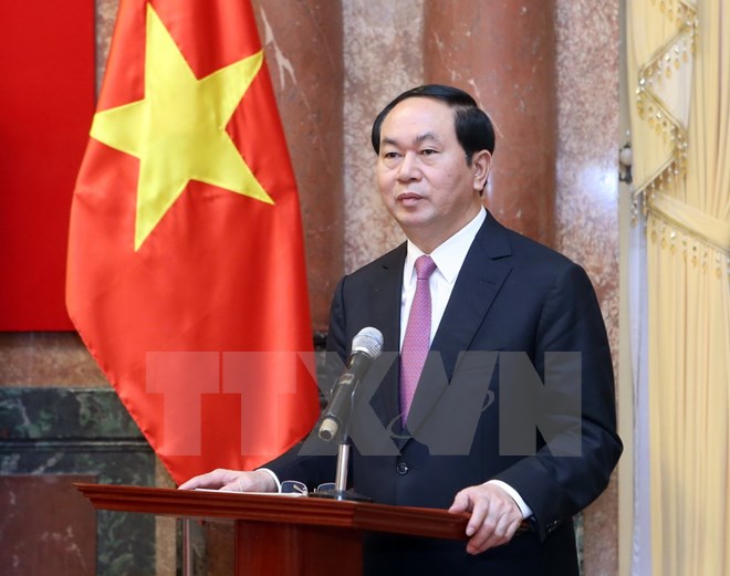 Chủ tịch nước Trần Đại Quang phát biểu tại buổi gặp mặt. (Ảnh: Nhan Sáng/TTXVN)