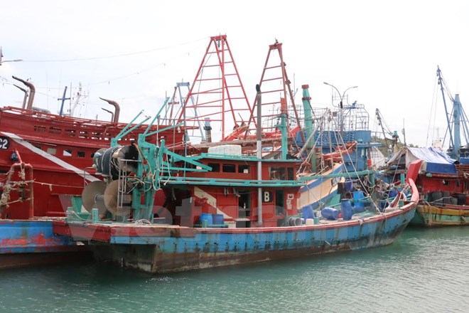 Tàu thuyền Việt Nam vi phạm vùng biển Indonesia đang bị giữ tại đảo Batam. (Ảnh: Đỗ Quyên/Vietnam+)