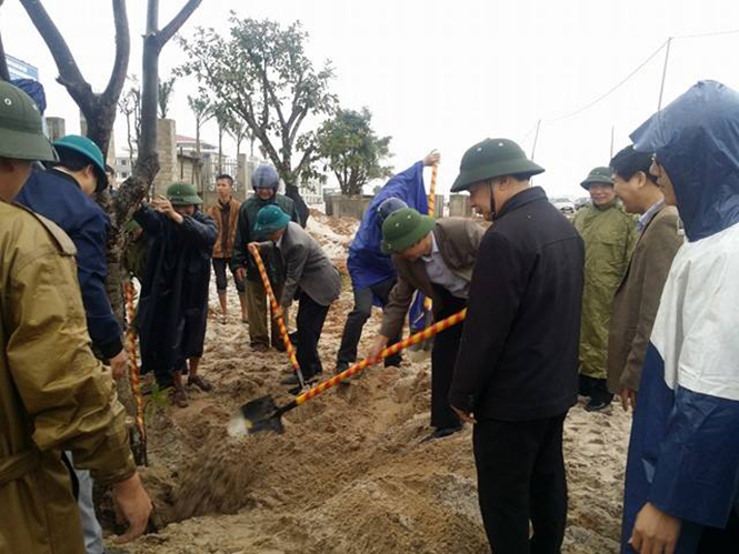  Các đồng chí lãnh đạo huyện Quảng Trạch trồng cây xanh tại khu vực trung tâm huyện lỵ mới.