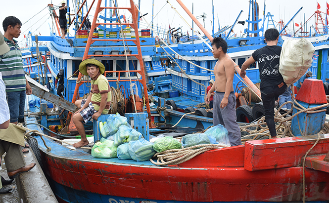 Ngư dân của các tàu đánh bắt xa bờ đang chuẩn bị lương thực, thực phẩm để ra khơi mùa biển mới 2017 tại Khu neo đậu Cửa Gianh.