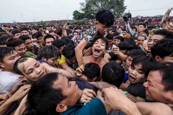 Hàng trăm người lao vào nhau để cướp quả phết tại lễ hội phết Hiền Quan (Phú Thọ) năm 2017 - Ảnh: Nguyễn Khánh