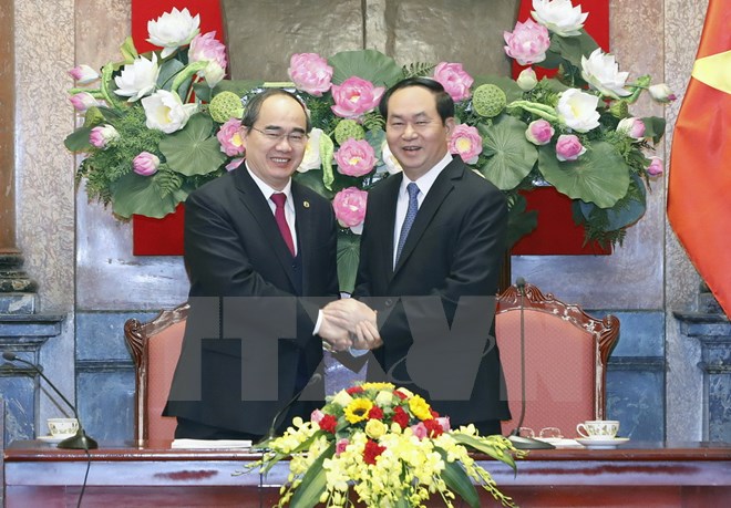 Chủ tịch nước Trần Đại Quang và Chủ tịch Ủy ban Trung ương Mặt trận Tổ quốc Việt Nam Nguyễn Thiện Nhân tại Hội nghị. (Ảnh: Nhan Sáng/TTXVN)