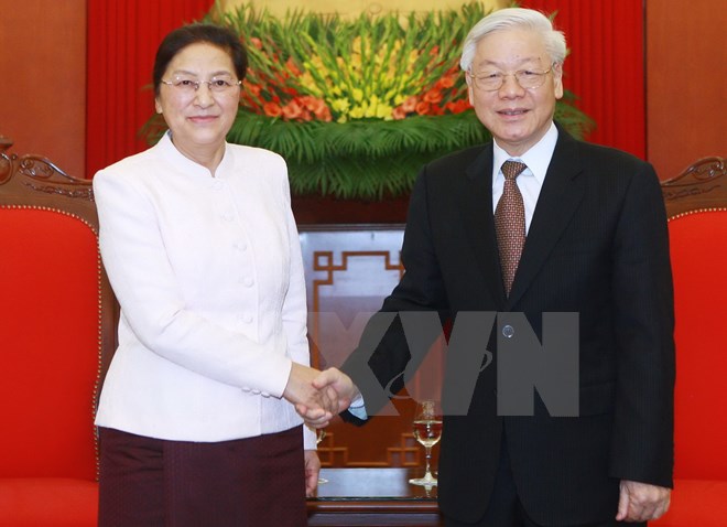 Tổng Bí thư Nguyễn Phú Trọng tiếp Chủ tịch Quốc hội Lào Pany Yathotou sang thăm hữu nghị chính thức Việt Nam. (Ảnh: Lâm Khánh/TTXVN)