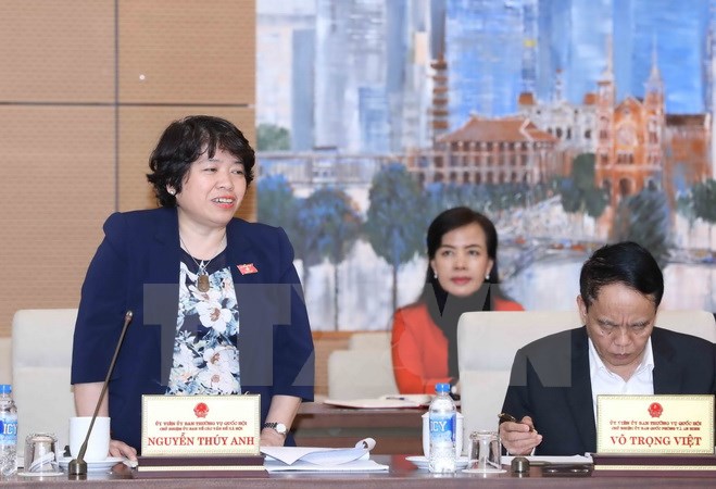 Chủ nhiệm Ủy ban về các vấn đề xã hội của Quốc hội Nguyễn Thúy Anh phát biểu tại phiên họp. (Ảnh: Phương Hoa/TTXVN)