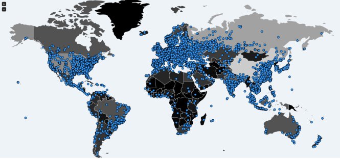 Bản đồ thể hiện các quốc gia có máy tính nhiễm WannaCrypt tính đến 15h ngày 15-5 - Nguồn: https://intel.malwaretech.com/botnet/wcrypt
