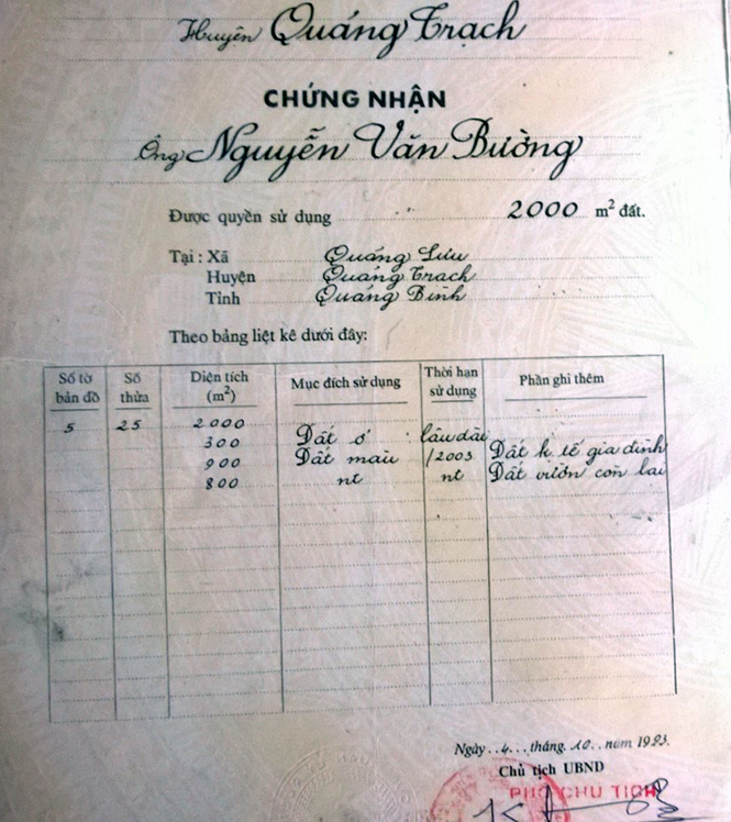 GCNQSDĐ của ông Nguyễn Thanh Bường (SN 1950), xóm Động được cấp từ năm 1993 nhưng đến nay vẫn chưa làm được thủ tục cấp đổi mới.