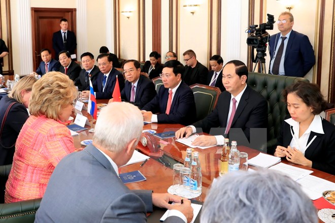 Chủ tịch nước Trần Đại Quang hội kiến với Chủ tịch Hội đồng Liên bang Nga Matvienko. (Ảnh: Nhan Sáng/TTXVN)