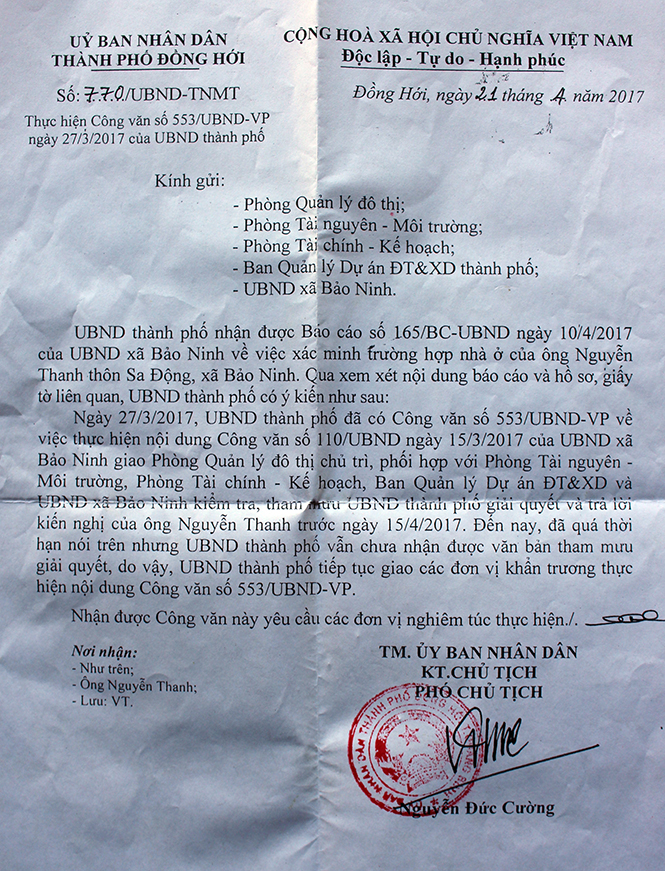 Công văn của UBND thành phố giao các phòng ban chức năng xem xét đơn “kêu cứu” của ông Thanh.