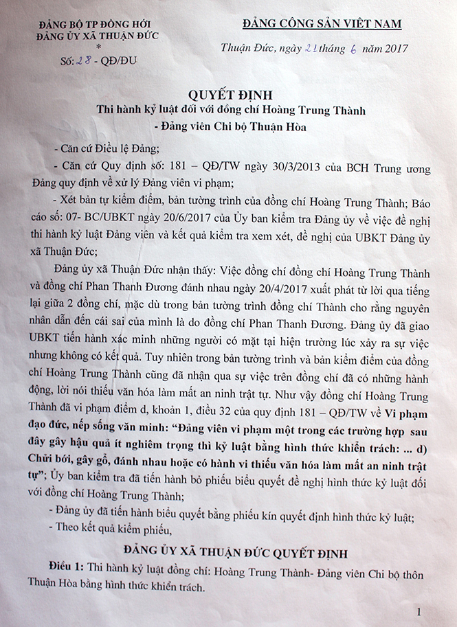Quyết định thi hành kỷ luật đối với Bí thư chi bộ thôn Thuận Hòa Hoàng Trung Thành của Đảng ủy xã Thuận Đức.