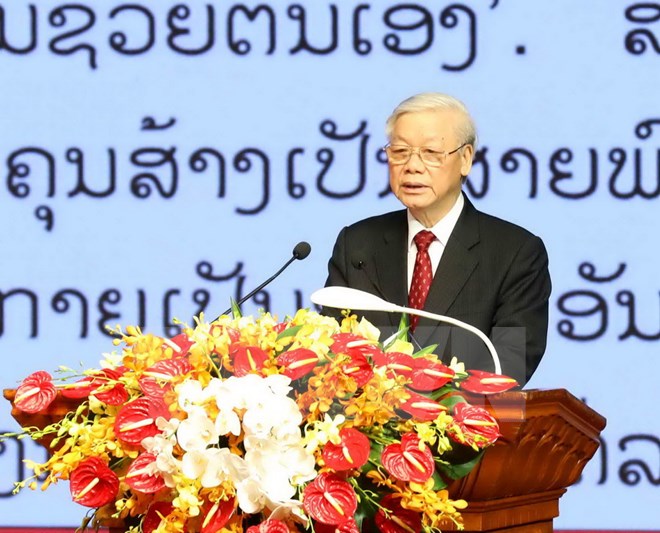 Tổng Bí thư Nguyễn Phú Trọng đọc diễn văn tại Lễ kỷ niệm. (Ảnh: Phương Hoa/TTXVN)