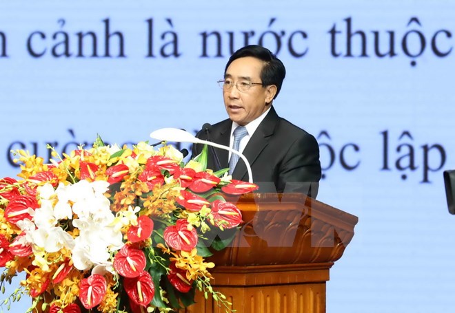 Ông Phankham Viphavan, Ủy viên Bộ Chính trị,Thường trực Ban Bí thư, Phó Chủ tịch nước Lào phát biểu tại lễ kỷ niệm. (Ảnh, Phương Hoa/TTXVN)
