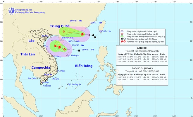 Vị trị và đường đi của bão số 3 và áp thấp nhiệt đới. (Nguồn: nchmf.gov.vn)