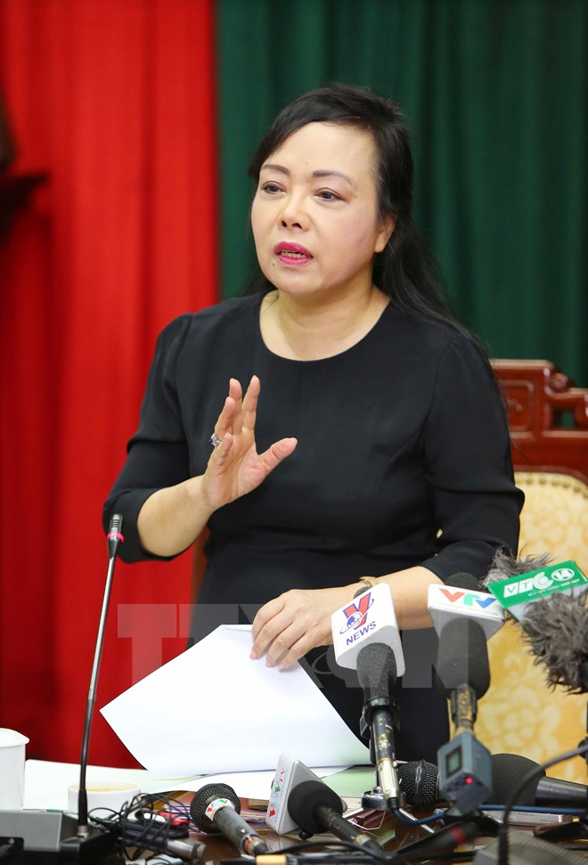  Bộ trưởng Bộ Y tế Nguyễn Thị kim Tiến phát biểu tại buổi họp trực tuyến. (Ảnh: Thành Đạt/TTXVN)