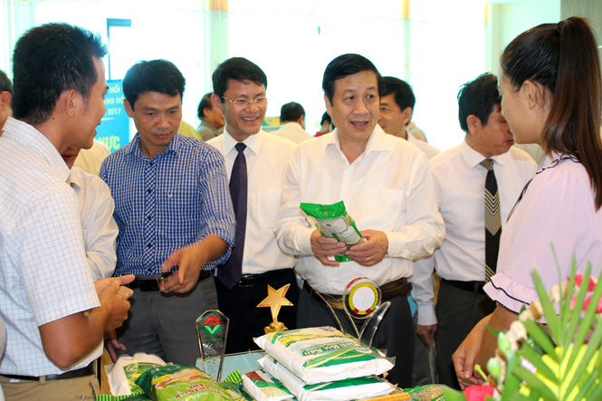 Đồng chí Nguyễn Xuân Quang, Ủy viên Ban Thường vụ Tỉnh ủy, Phó Chủ tịch Thường trực UBND tỉnh tham quan các gian hàng tại khu trưng bày, giới thiệu sản phẩm.