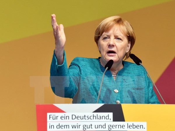 Thủ tướng Đức Angela Merkel tại cuộc họp báo ở Annaberg-Buchholz, Đức, ngày 17-8. (Nguồn: AFP/TTXVN)