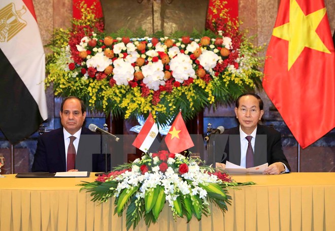 Chủ tịch nước Trần Đại Quang và Tổng thống Ai Cập Abdel Fattah el-Sisi chủ trì họp báo, thông báo kết quả hội đàm. (Ảnh: Nhan Sáng/TTXVN)