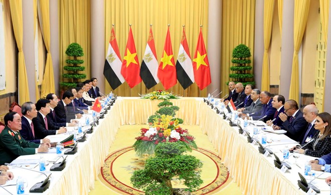 Chủ tịch nước Trần Đại Quang hội đàm với Tổng thống Abdel Fattah el-Sisi. (Ảnh: Nhan Sáng/TTXVN)