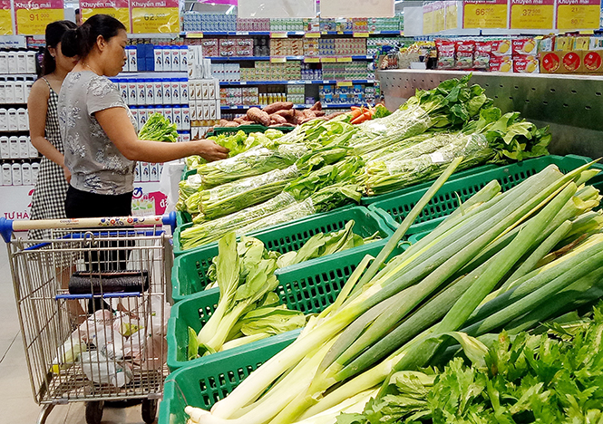 Người tiêu dùng lựa chọn nông sản có nguồn gốc xuất xứ ở Siêu thị Co.opmart Quảng Bình.