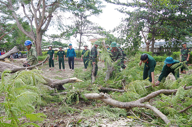 CBCS Ban CHQS thị xã Ba Đồn thu gom cây bị đổ gãy tại Trường tiểu học Quảng Minh B.