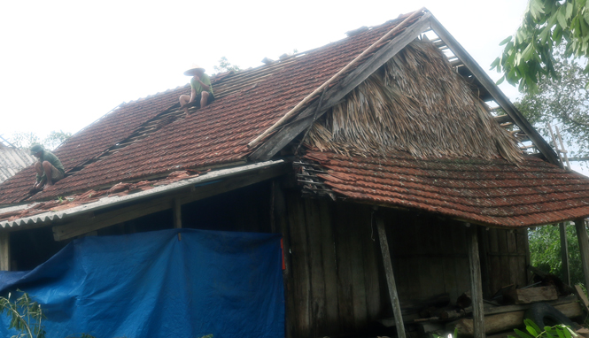 Người dân Tuyên Hoá giúp nhau lợp lại mái nhà sau bão