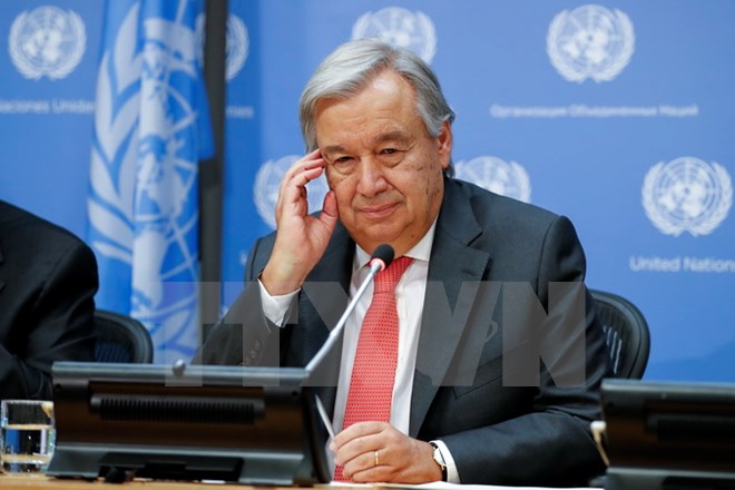 Tổng thư ký LHQ Antonio Guterres tại cuộc họp báo ở New York, Mỹ ngày 13-9. (Nguồn: THX/TTXVN)