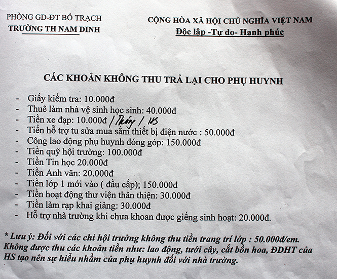 Sau khi bị phụ huynh phản ứng dữ dội, Trường TH Nam Dinh lên danh sách các khoản đóng góp phải trả lại (mặc dù đang còn trên văn bản giấy tờ).