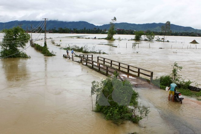 Cầu trên đường nối đường N5 vào xã Trù Sơn, Đô Lương (Nghệ An) bị nước chia cắt, ảnh hưởng tới việc đi lại của người dân(ảnh chụp sáng 10-10). (Ảnh: Thanh Tùng/TTXVN)