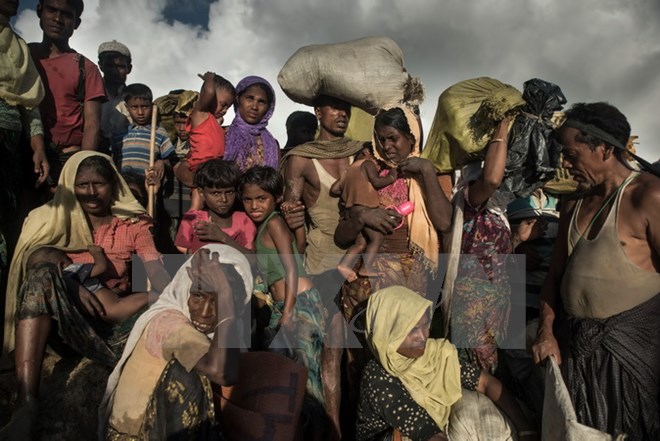 Người tị nạn Rohingya từ Myanmar chạy nạn sang Whaikhyang, Bangladesh ngày 9-10. (Nguồn: AFP/TTXVN)