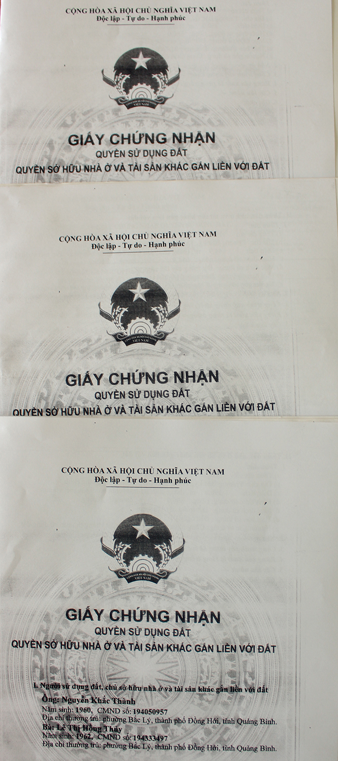 Các giấy CNQSDĐ số CB 099465, CB 099468, CB 099469 cấp cho ông bà Nguyễn Khắc Thành, Lê Thị Hồng Thủy đã bị UBND thành phố ra quyết định thu hồi.