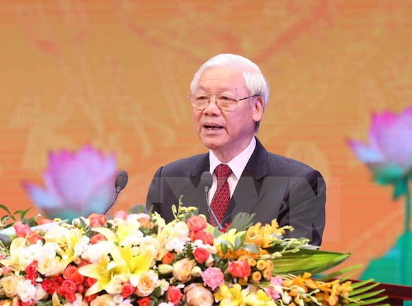 Tổng Bí thư Nguyễn Phú Trọng đọc diễn văn tại lễ kỷ niệm. (Ảnh: TTXVN)