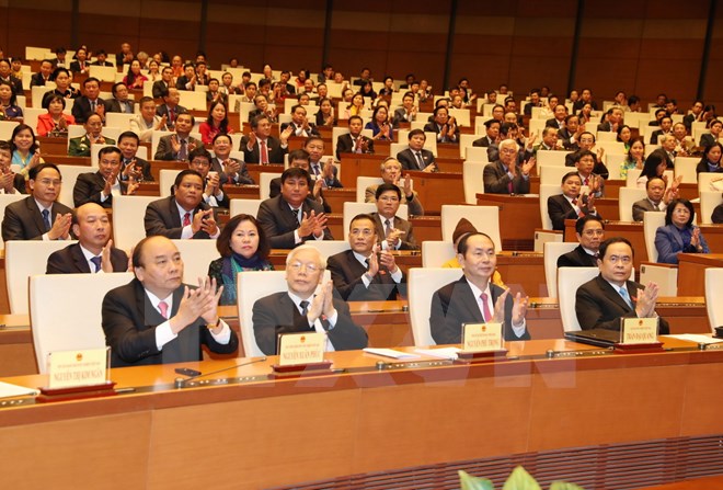 Tổng Bí thư Nguyễn Phú Trọng và các vị lãnh đạo Đảng, Nhà nước tại phiên bế mạc. (Ảnh: Trọng Đức/TTXVN)