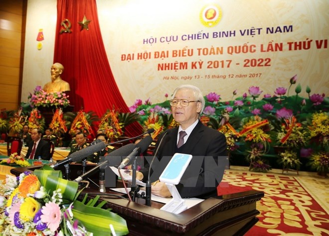 Tổng Bí thư Nguyễn Phú Trọng, Bí thư Quân ủy Trung ương phát biểu tại Đại hội Đại biểu toàn quốc Hội Cựu chiến binh Việt Nam. (Ảnh: Trí Dũng/TTXVN)
