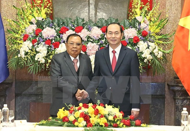 Chủ tịch nước Trần Đại Quang hội kiến với Tổng Bí thư, Chủ tịch nước Lào Bounnhang Vorachith. (Ảnh: Nhan Sáng/TTXVN)