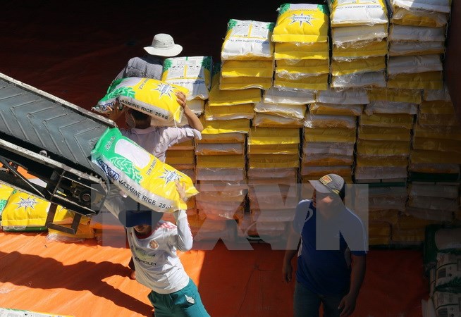 Vận chuyển gạo xuất khẩu tại Công ty Cổ phần Xuất nhập khẩu Kiên Giang. (Ảnh: Lê Huy Hải/TTXVN)