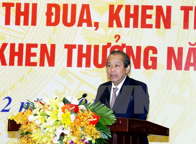 Phó Thủ tướng Thường trực Chính phủ Trương Hòa Bình đến dự và phát biểu ý kiến chỉ đạo hội nghị. (Ảnh: Nguyễn Dân/TTXVN)