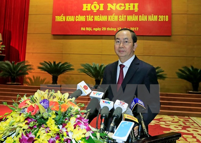 Chủ tịch nước Trần Đại Quang phát biểu chỉ đạo hội nghị. (Ảnh: Nhan Sáng/TTXVN)