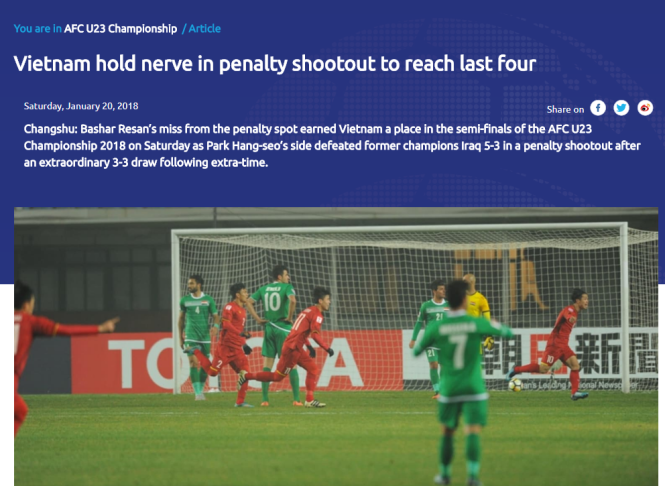 Trang chủ AFC đưa tin về chiến thắng của U-23 VN. Ảnh chụp từ màn hình