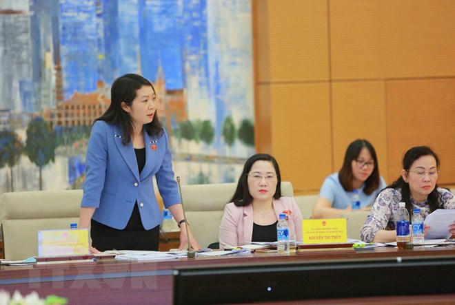 Đại biểu Quốc hội Mai Thị Phương Hoa, Ủy viên Thường trực Ủy ban Tư pháp của Quốc hội phát biểu tại phiên họp. (Ảnh: Dương Giang/TTXVN)