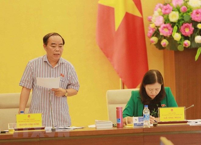 Đại biểu Quốc hội Nguyễn Công Hồng, Phó Chủ nhiệm Ủy Ban Tư pháp của Quốc hội phát biểu tại phiên họp. (Ảnh: Dương Giang/TTXVN)